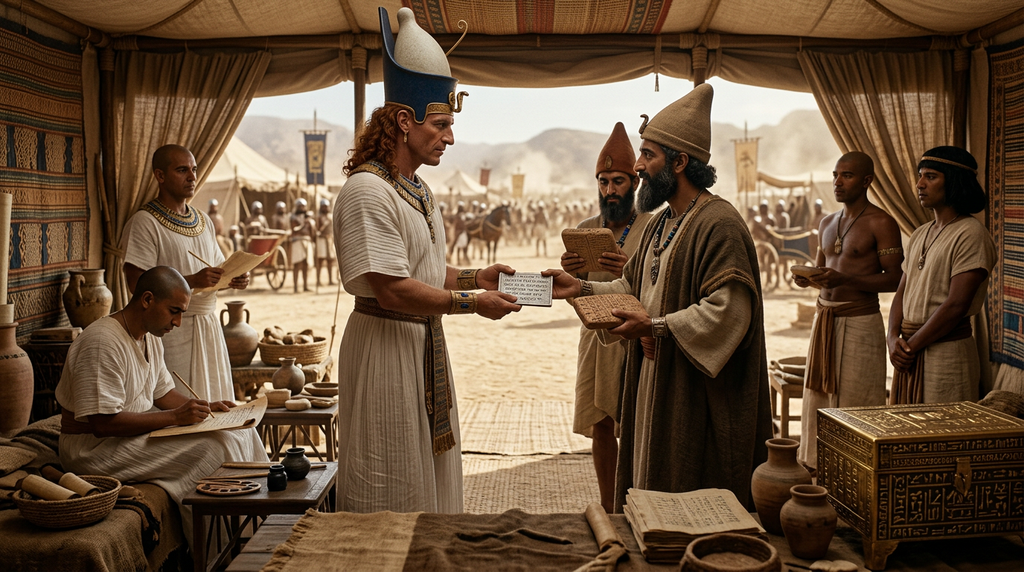 Egyptian and Hittite envoys exchange clay tablets and silver plaques inside a tent.