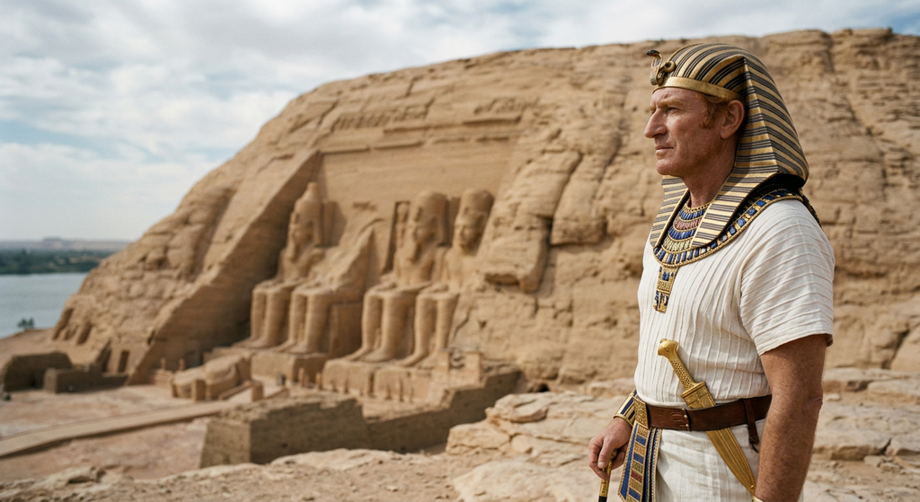 Giant stone statues of a pharaoh are carved directly into a massive sandstone cliff.