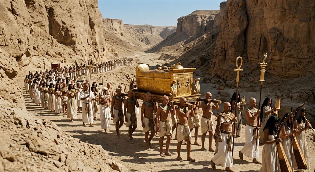 Mourners carry a golden sarcophagus through a narrow desert canyon.