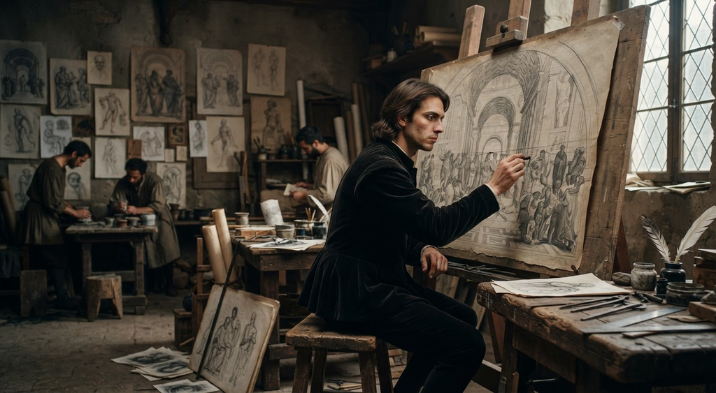 Raphael draws perspective lines on a large paper cartoon for The School of Athens.