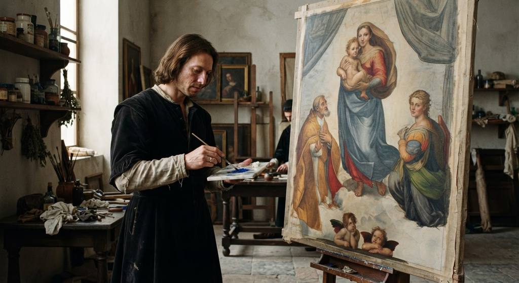 Raphael mixes oil pigments near a draft of the Sistine Madonna.