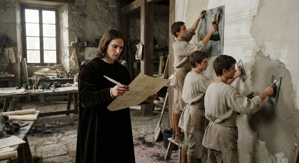 Assistants apply plaster to a wall while Raphael reviews an architectural drawing.
