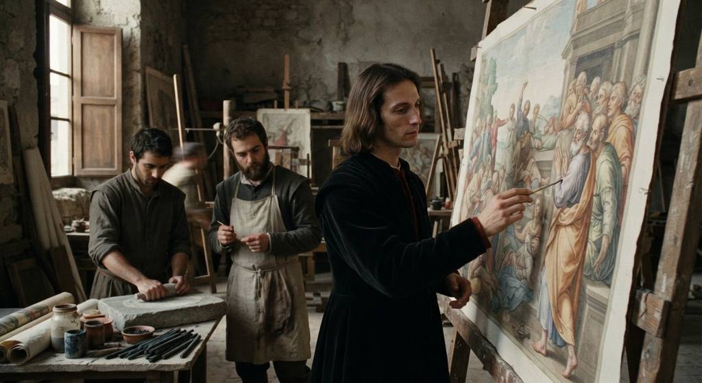 Raphael inspects large tempera paper cartoons of Saint Peter with his assistants.