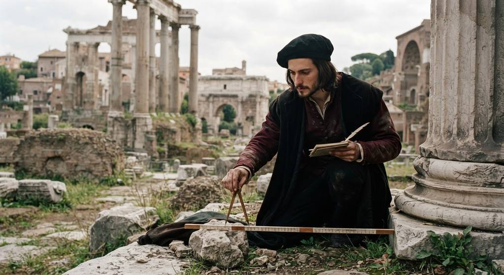 Raphael uses a compass and measuring rod to document ruins in the Roman Forum.