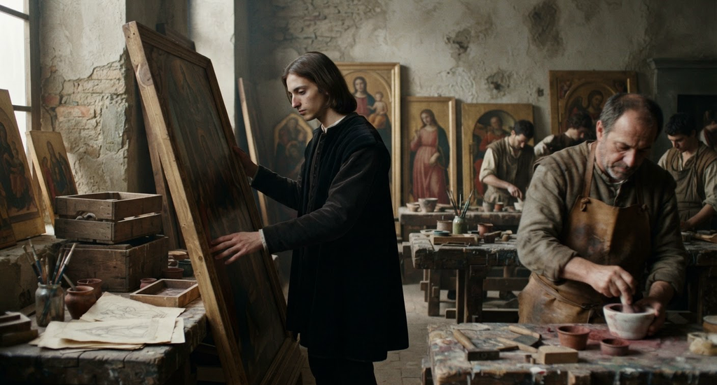 Seventeen-year-old Raphael inspects finished altarpiece panels in a bustling Renaissance workshop.