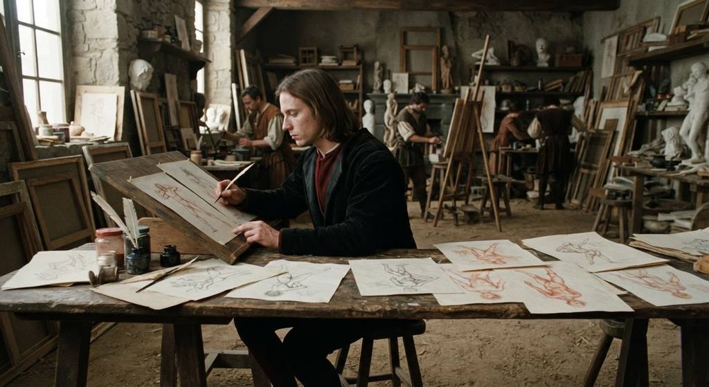 Raphael sketches dynamic figure drawings on paper in a busy Florentine workshop.