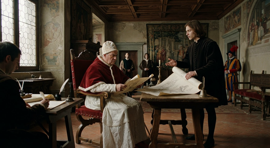 Pope Julius II reviews fresco sketches with Raphael in the Vatican apartments.