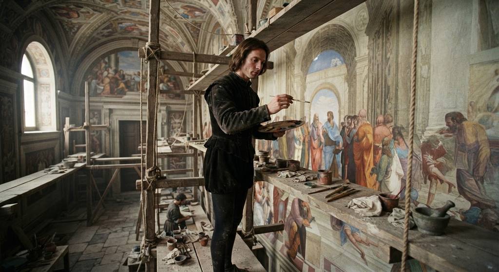 Raphael stands on wooden scaffolding while painting the School of Athens fresco.
