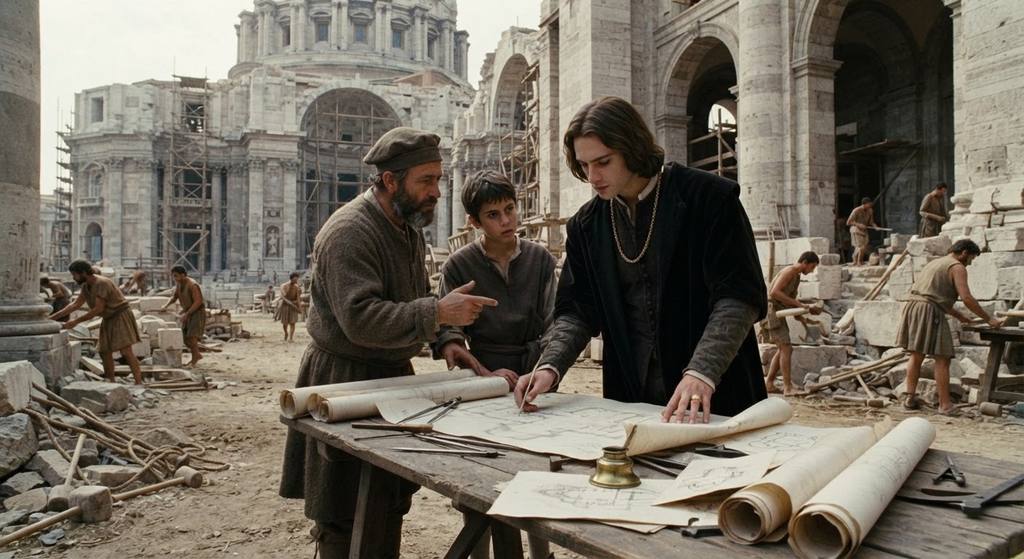 Assistants review architectural floor plans for Saint Peter's Basilica in a workshop.