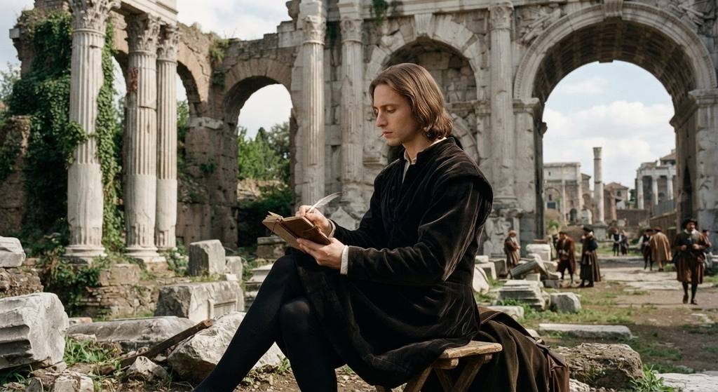 Raphael sketches marble ruins while standing among ancient Roman arches.
