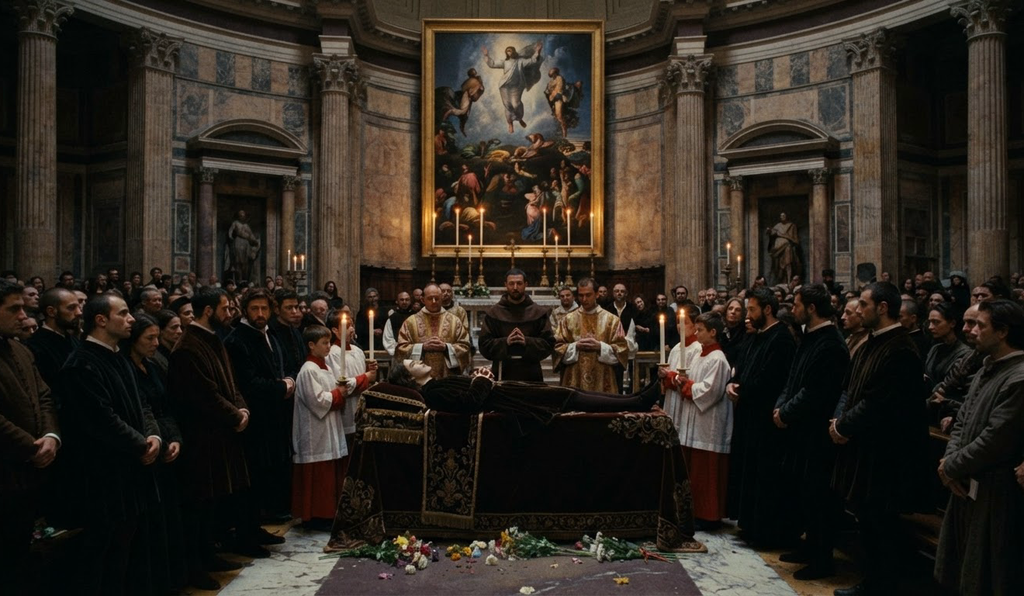Mourners gather around a bier in Rome displaying The Transfiguration during a funeral.
