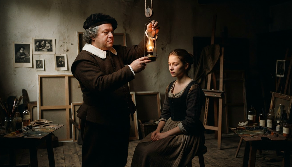 Rembrandt stands in his studio, adjusting a high oil lamp to cast deep, dramatic shadows over a seated model.