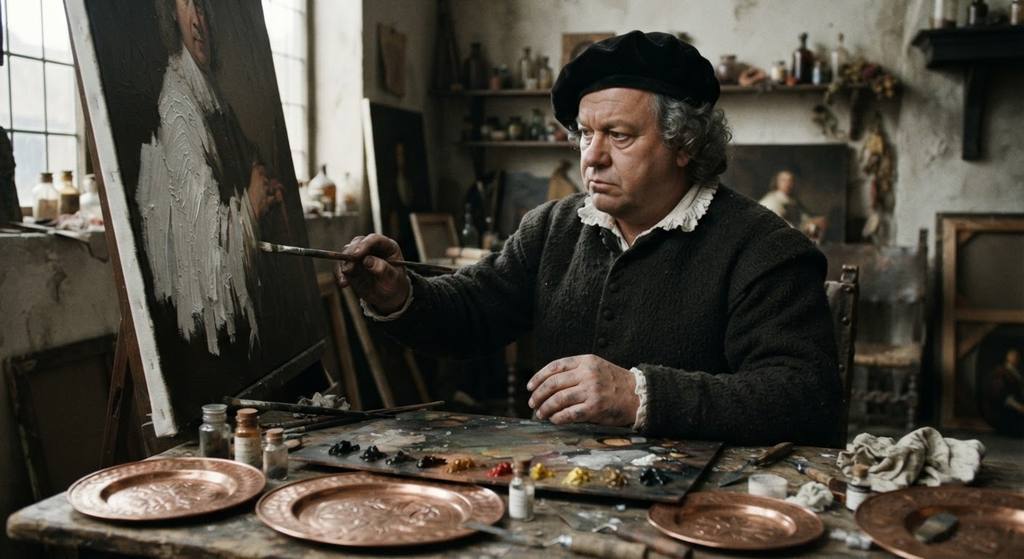 A wooden palette and copper plates rest beside a canvas covered in thick, textured strokes of white paint.
