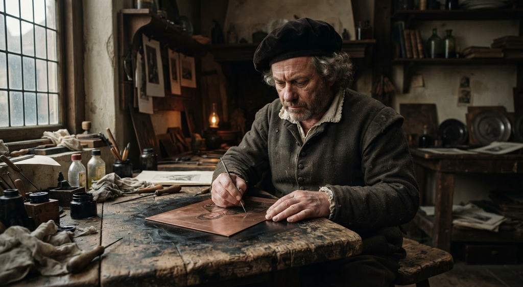 Rembrandt holds a thin drypoint needle over a grounded copper plate, working carefully under warm studio light.