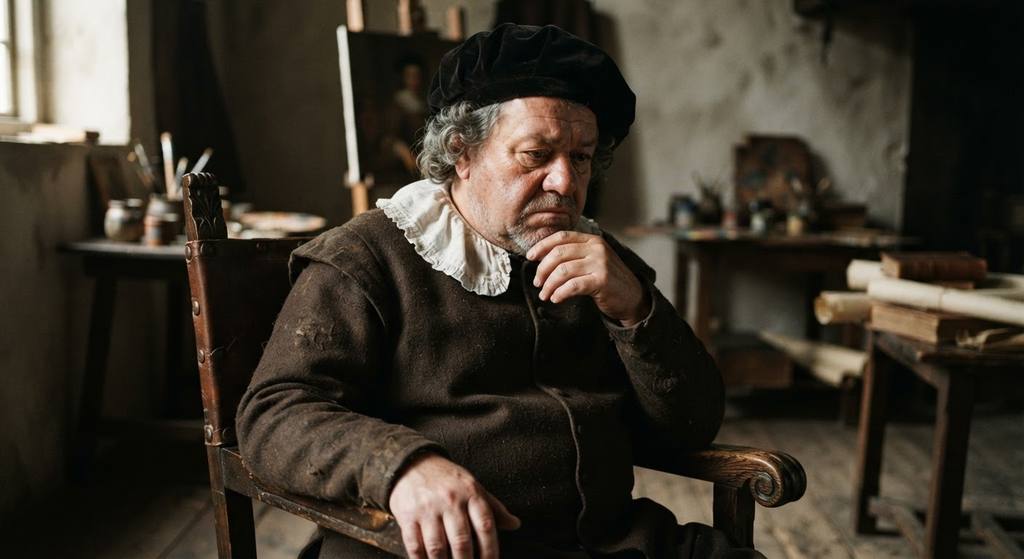 An elderly man with a lined, expressive face sits in a chair, captured in a warm, focused beam of light.