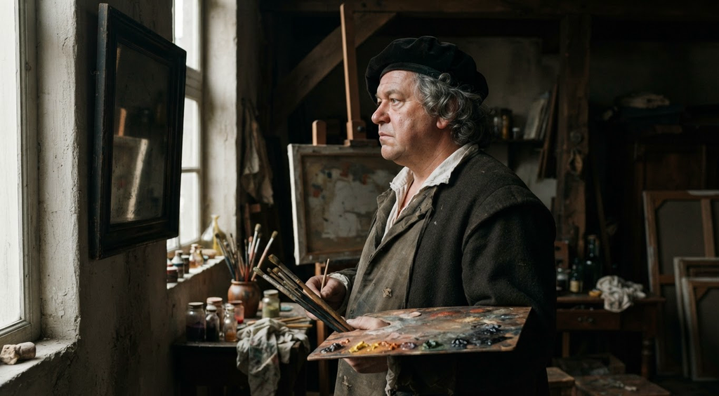 An aging Rembrandt gazes into a mirror in his studio, holding his palette and brushes while painting his reflection.