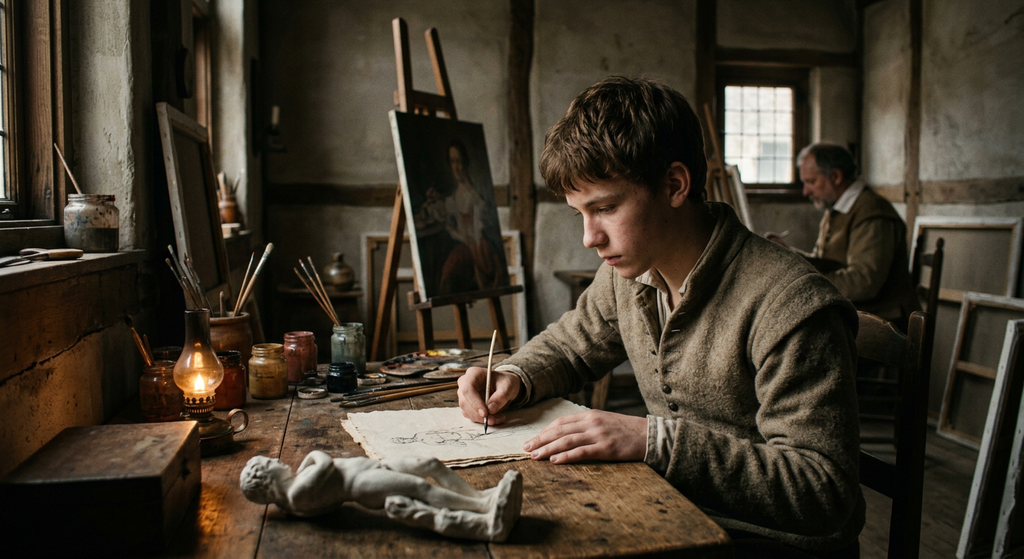 A young apprentice sits at a wooden desk in a dusty, lamp-lit workshop, intently sketching on paper.