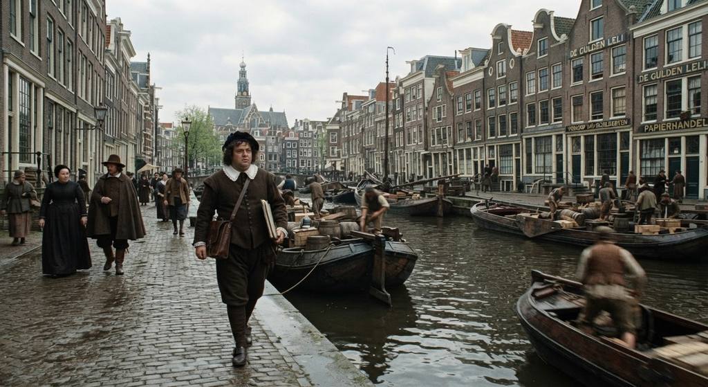 A bustling 17th-century Amsterdam canal is lined with tall, narrow merchant houses and busy street-level shops.