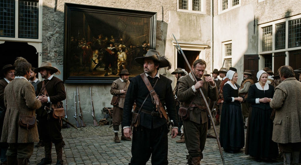 Militia officers in period attire step from shadows into a dramatic beam of sunlight within a large room.