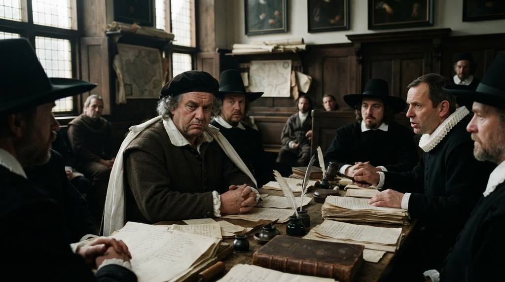 Cluttered inventory lists and wooden auction gavels rest on a table in a dimly lit 17th-century Dutch courtroom.