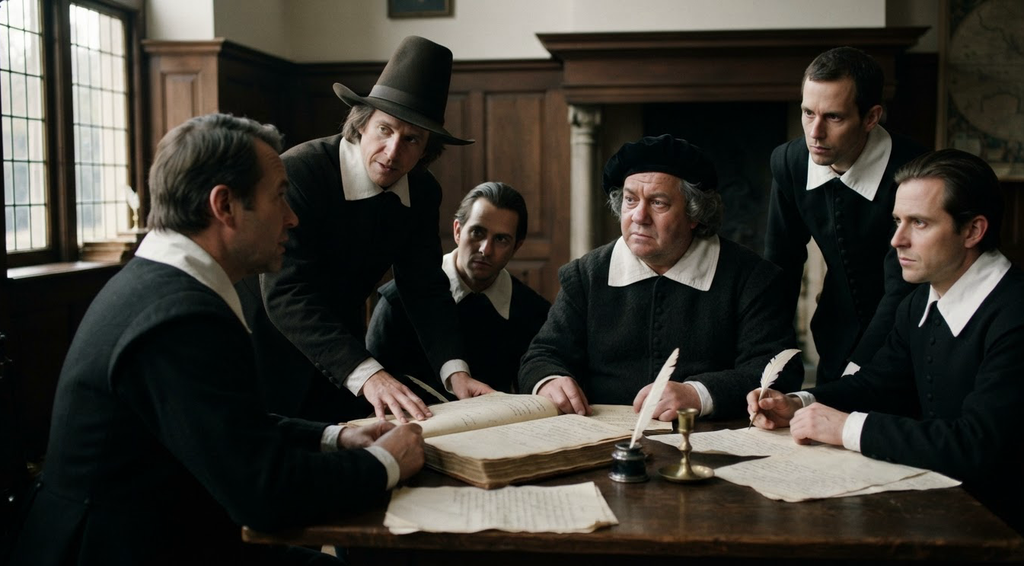Five men in dark, modest clothing sit around a wooden table, looking up from an open ledger in a quiet room.