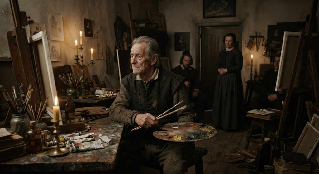 An elderly man with weathered skin sits in a chair, holding brushes while illuminated by the warm glow of a candle.