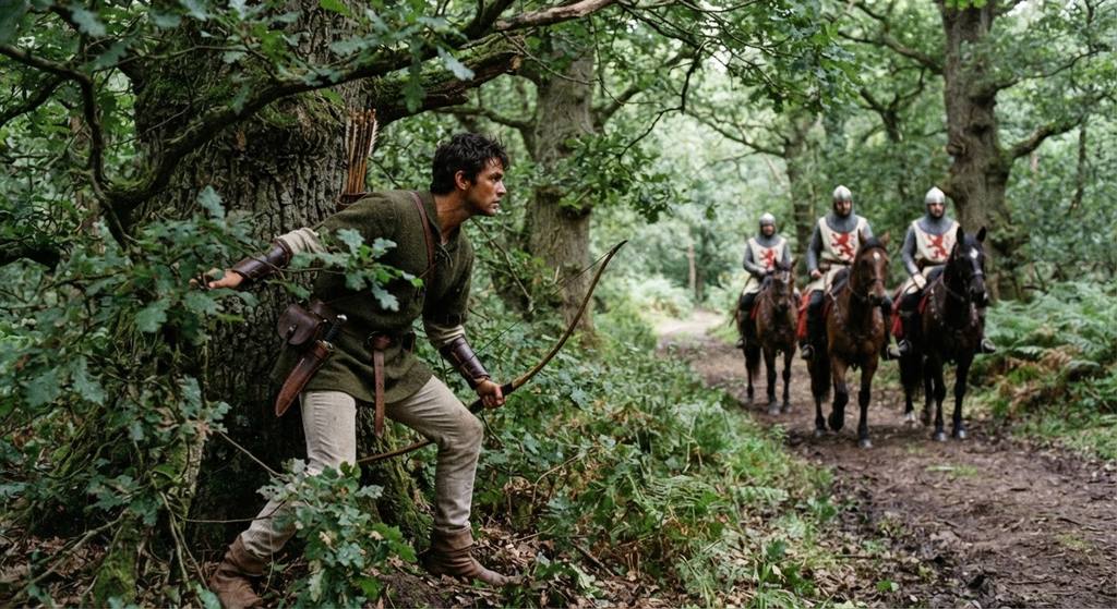 Robin Hood hides behind oak foliage as royal guards ride past in the distance.
