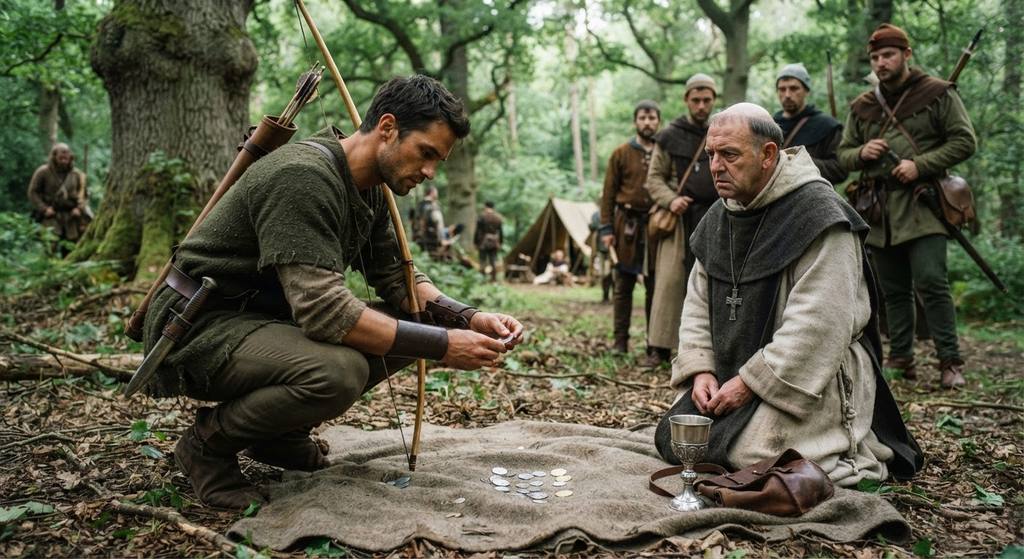 Robin Hood inspects coins on a cloak before an abbot in a forest clearing.