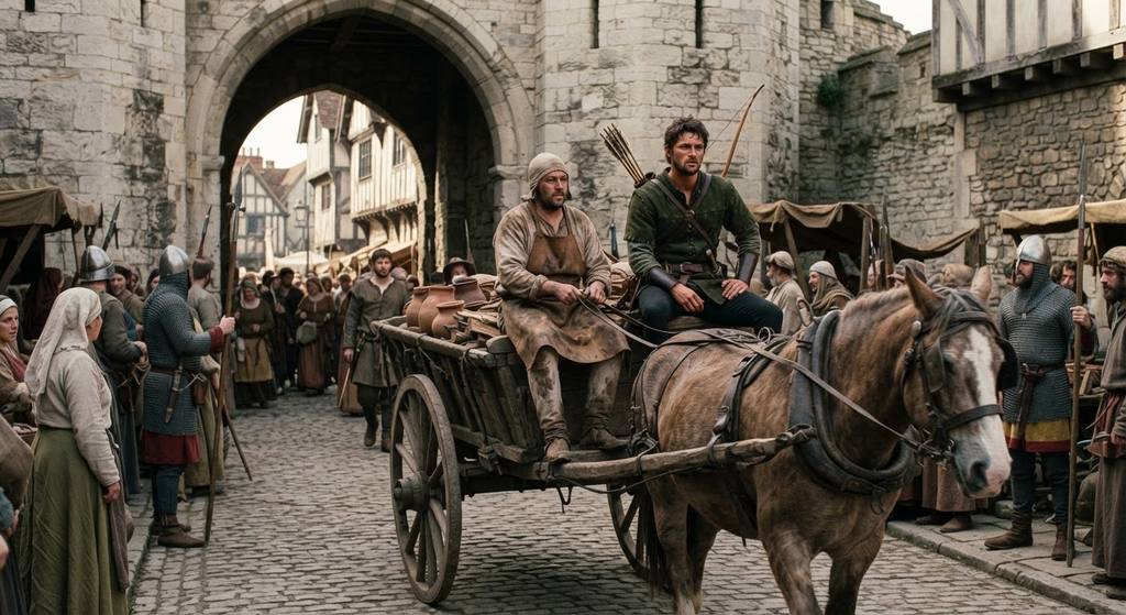 Robin Hood disguised as a potter drives a horse-drawn cart through city gates.