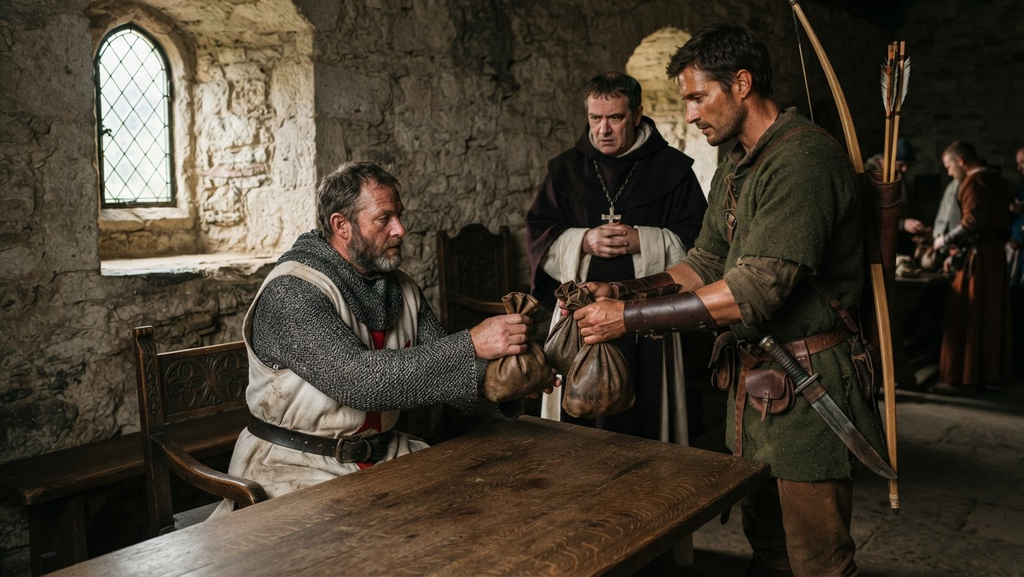 A knight accepts money from Robin Hood while an abbot watches.