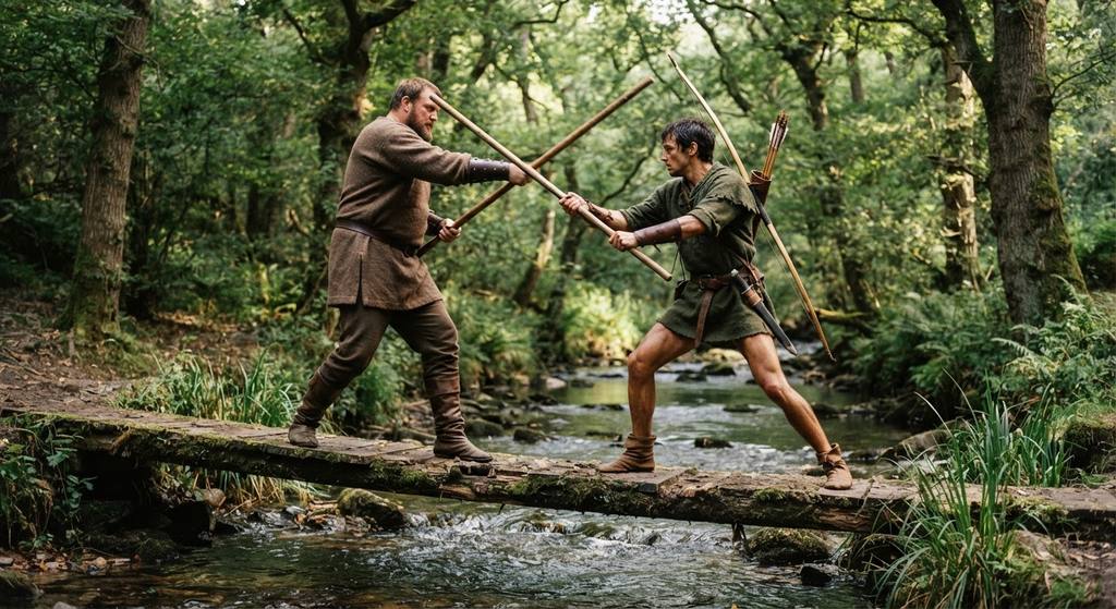 Two men spar with quarterstaffs while balancing on a narrow wooden bridge.