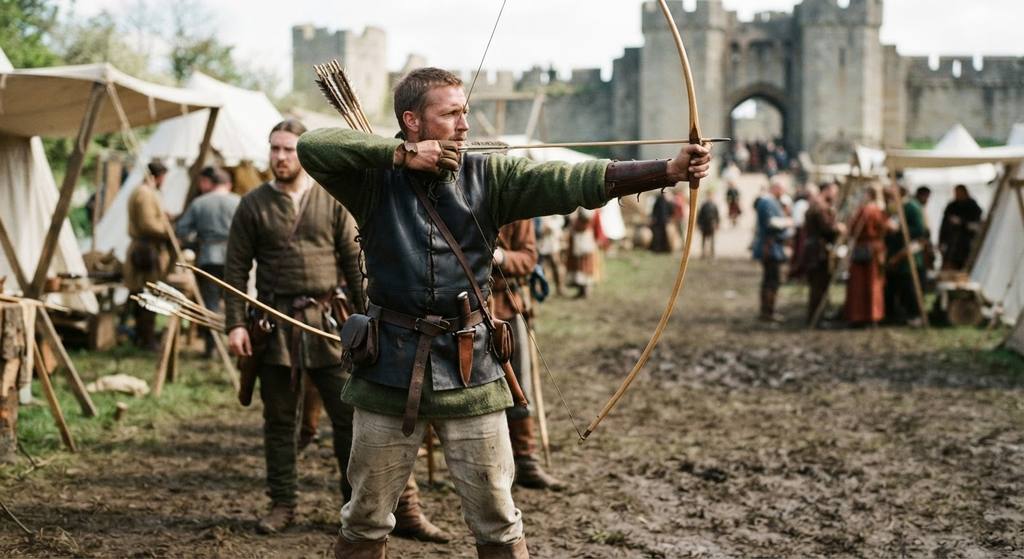 Robin Hood draws a longbow aimed toward a distant stone castle gate.