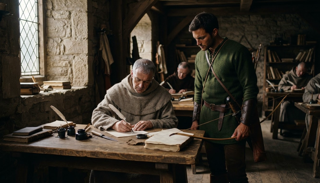 A medieval scribe writes on parchment in a stone room while Robin Hood stands nearby.
