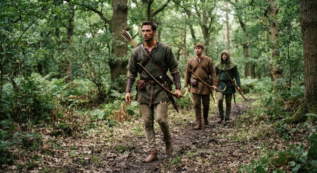 Robin Hood and archers move stealthily through a dense oak forest.