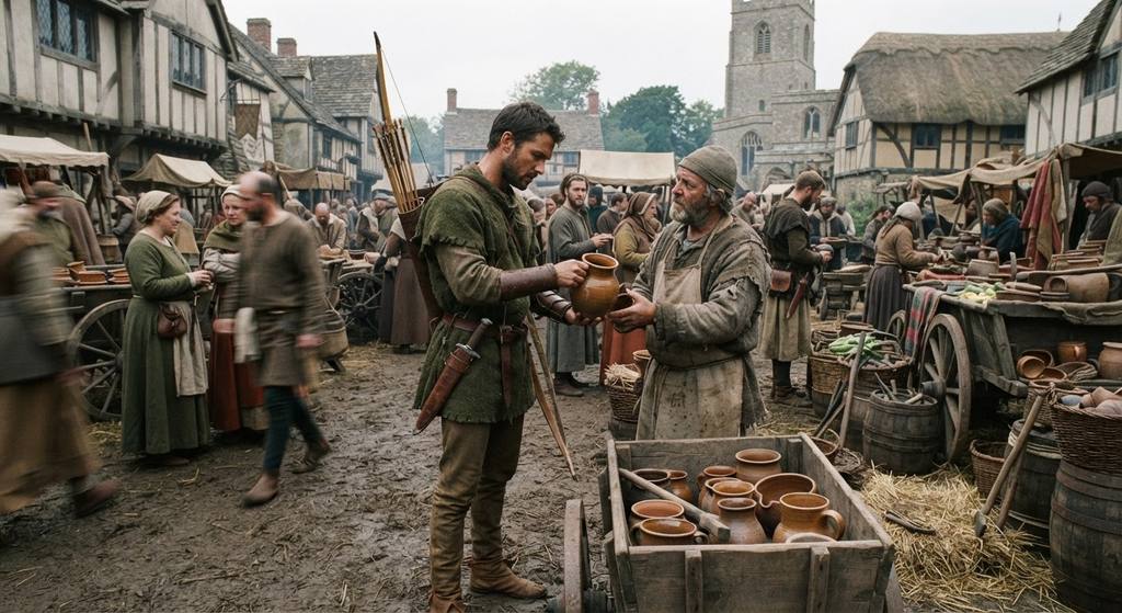 Robin Hood walks through a busy medieval market square filled with pottery carts.