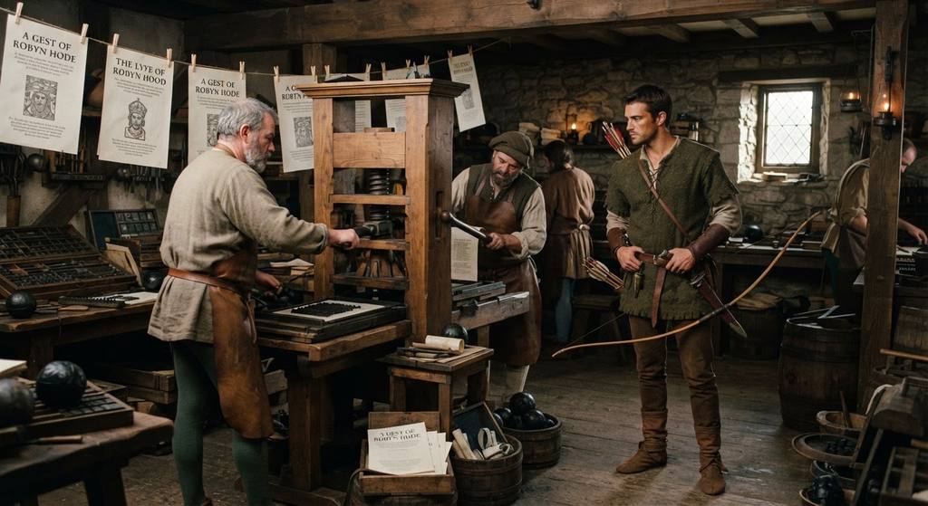 A worker operates a wooden printing press as Robin Hood stands in the background.