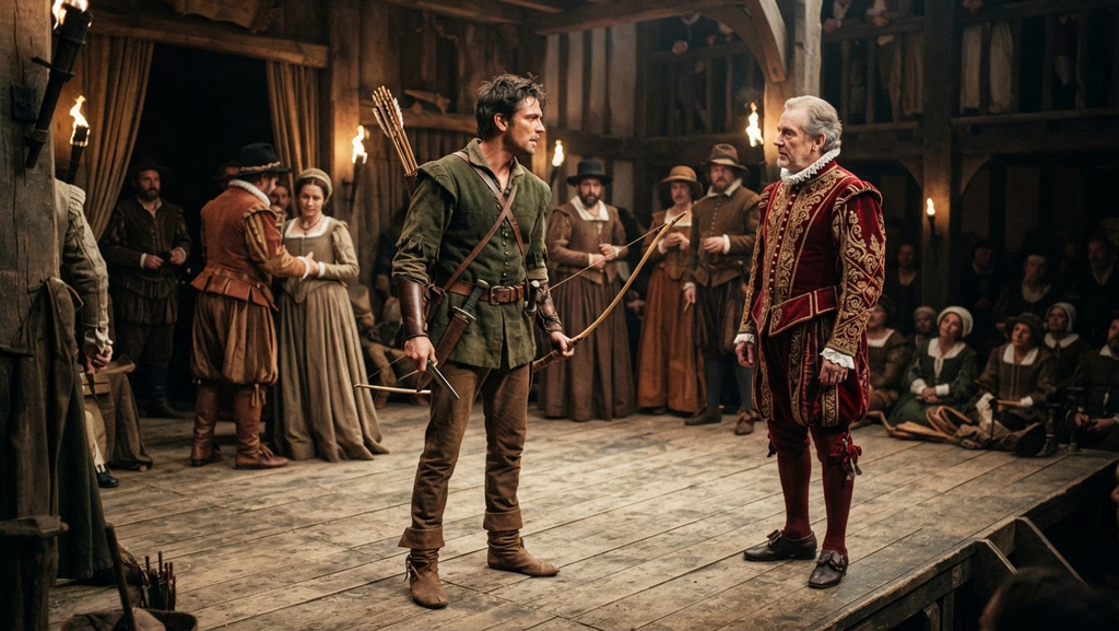 Actors in period noble clothing perform a play on an Elizabethan stage.
