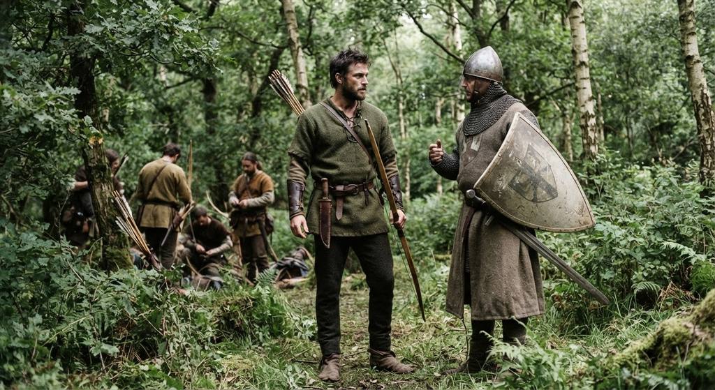 A knight stands with forest archers in a scene inspired by 19th-century literature.