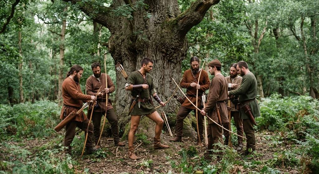 Archers in medieval-style clothing gather around a large oak tree.