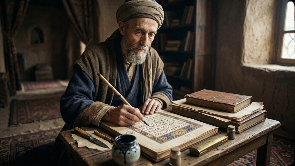 An intricate 13th-century manuscript page features dense Persian calligraphy and geometric borders.