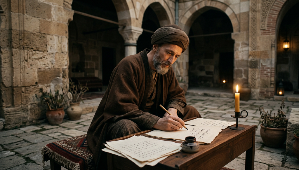 A thin scholar in robes writes by candlelight in a stone courtyard at night.