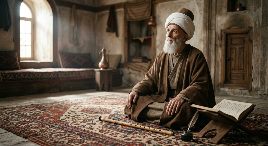 A traditional reed flute rests on the detailed patterns of a woven Anatolian carpet.
