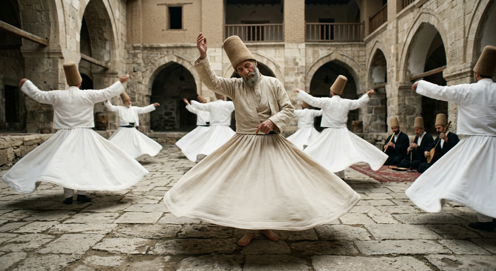Men in tall felt caps and wide white skirts spin in a rhythmic dance within a stone courtyard.