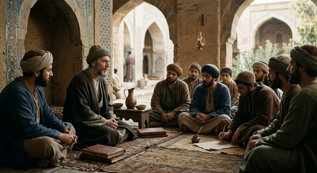 A thin scholar sits on a rug surrounded by students in a 13th-century madrasa.