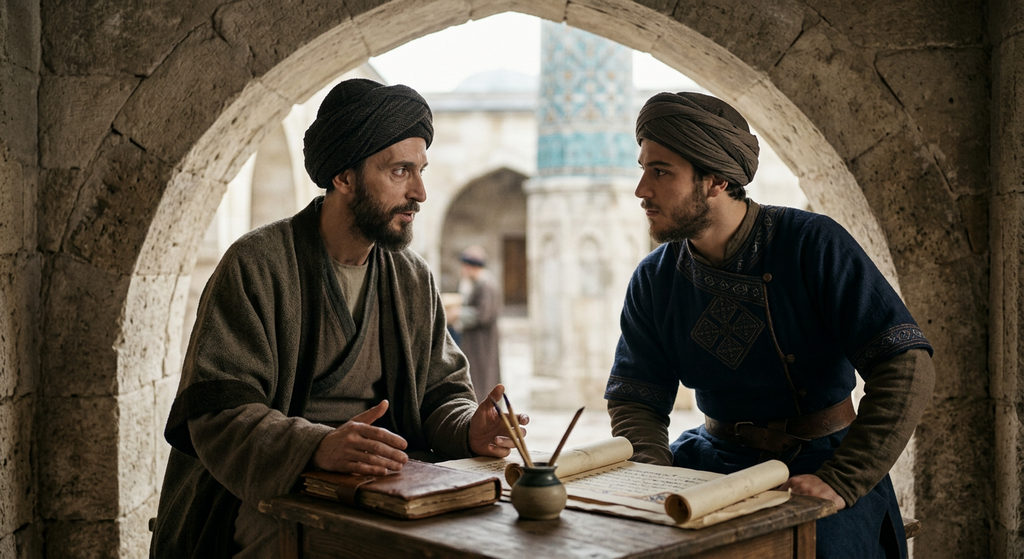 Two men in 13th-century robes stand under a stone archway, engaged in an intense conversation.