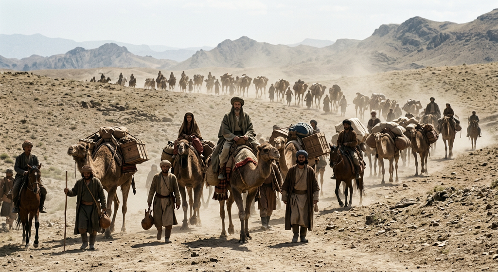 A thin, pale man walks with a caravan of camels across a dusty desert landscape during the flight from the Mongols.