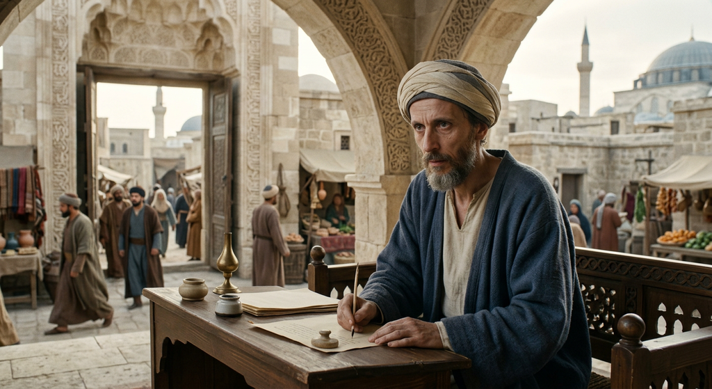 A thin, pale man in robes walks through an Anatolian city decorated with ornate 13th-century stone carvings.