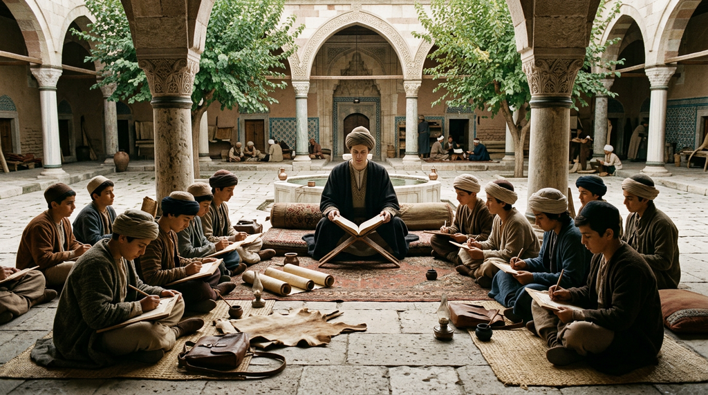 A thin, pale scholar in traditional robes teaches a group of students in a stone madrasa courtyard.