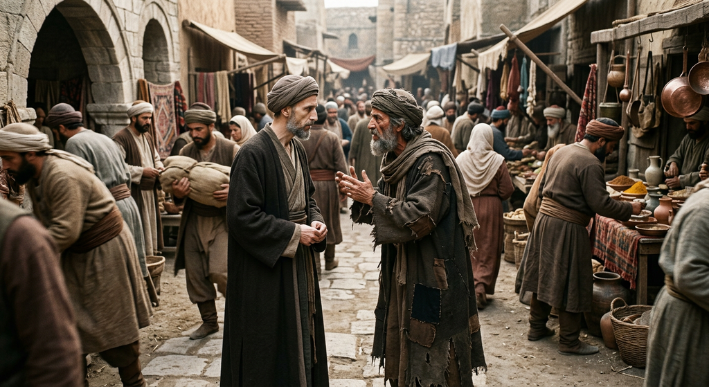 A thin, pale man in robes converses with another man in a crowded 13th-century marketplace.