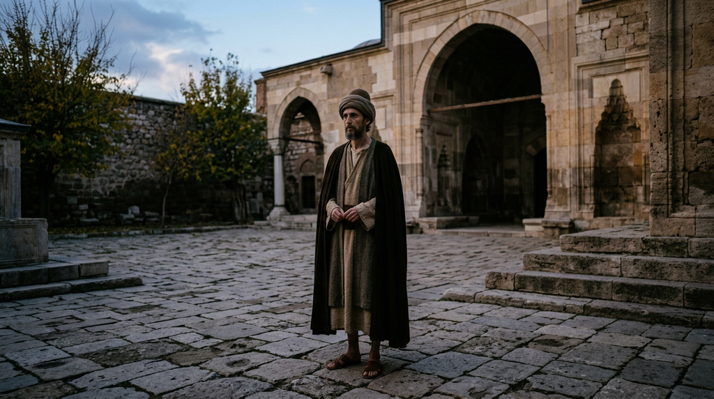 A solitary, thin, pale figure in traditional robes stands alone in a stone courtyard at dusk.